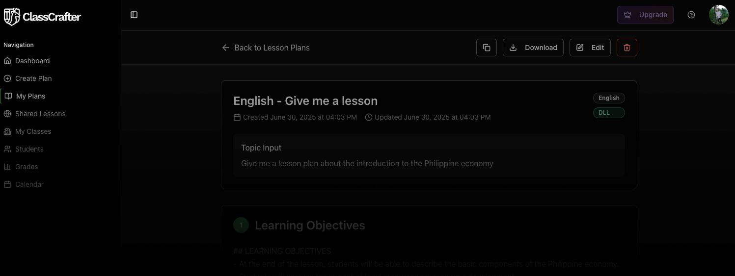 AI Lesson Planning Interface